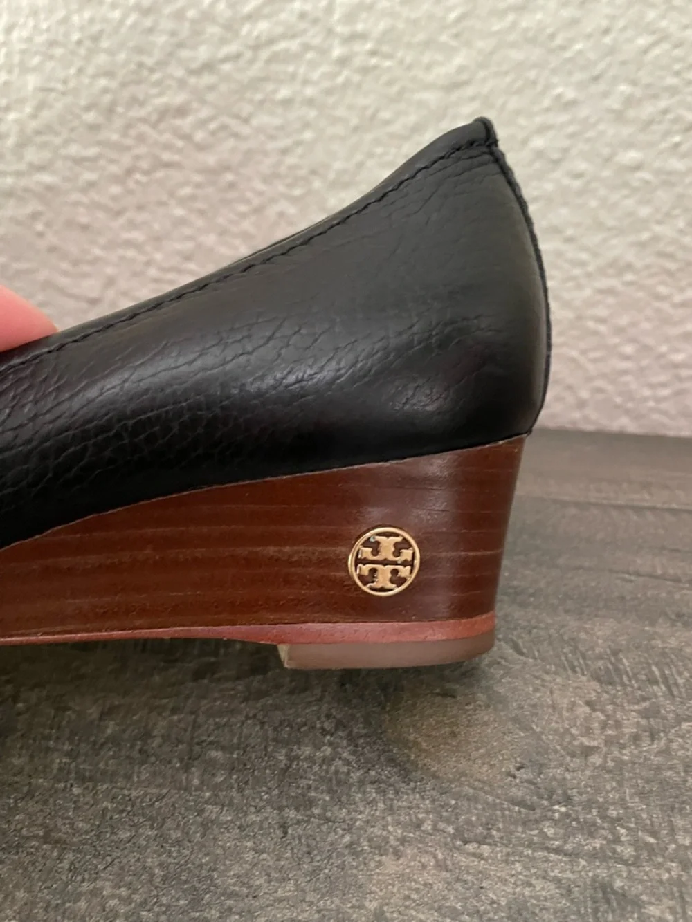 Tory Burch Black Leather Rounded Toe Wedge Pumps